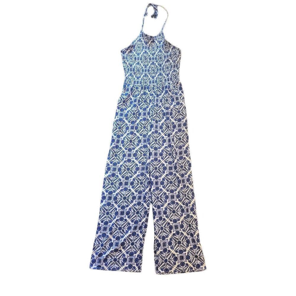 NWT Patrons of Peace Halter Jumpsuit Women's Small Printed Blue White Ikat Boho
